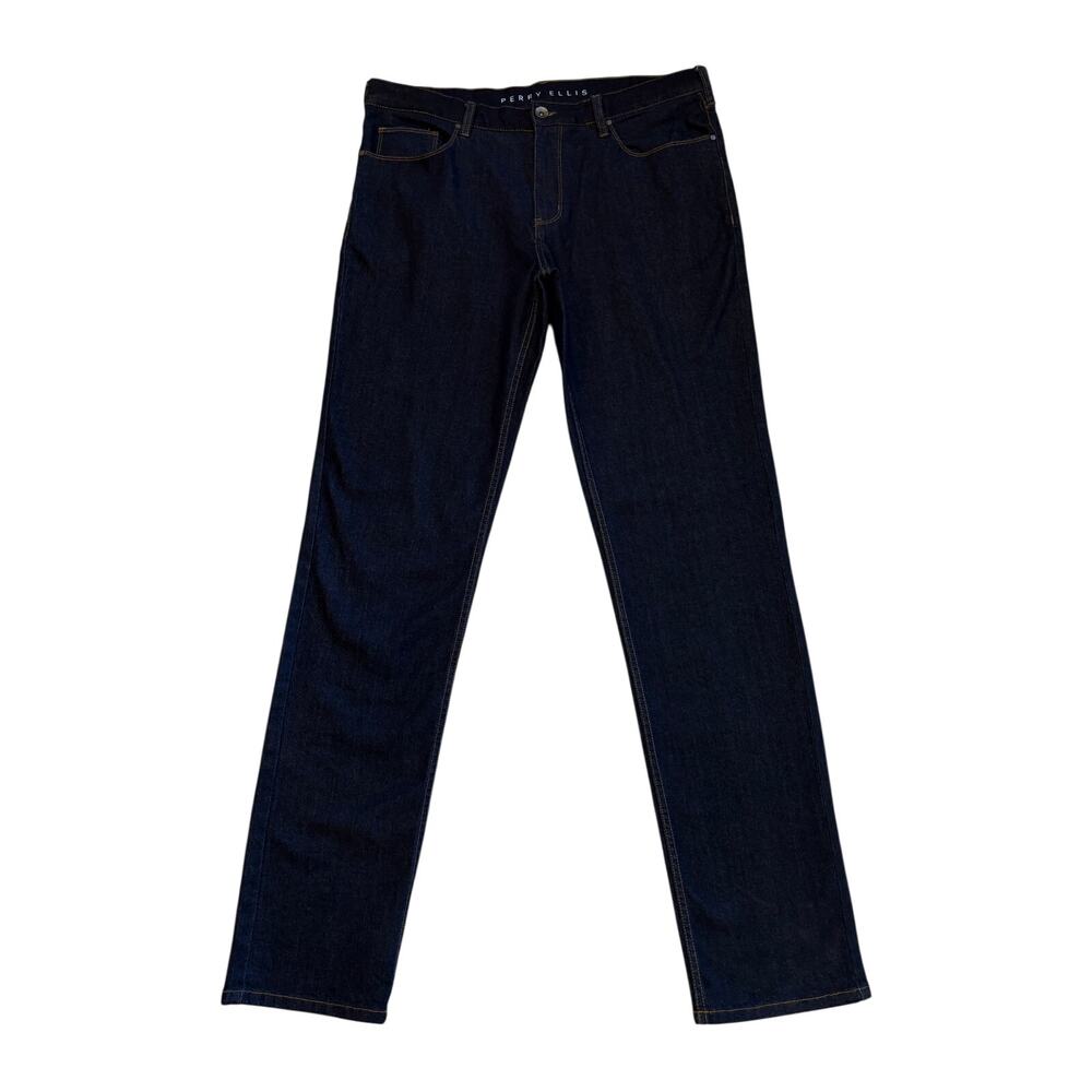 Perry Ellis Jeans Mens Size 34x36 Blue Slim Fit Stretch Dark Wash Casual Preppy